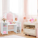 Kids' princess makeup table with a removable tri-folding mirror and spacious storage shelves for toys and accessories.