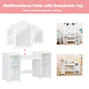 Multifunctional kids vanity table with tri-folding mirror and 4 storage shelves, perfect for makeup and writing.