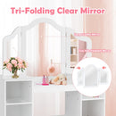 Tri-folding mirror on a kids' makeup table with 4 storage shelves, designed for safe and practical use.