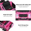 Pink licensed Mercedes-Benz ride-on car seat and safety features
