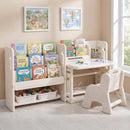 Kids Desk and Chair Set, Children Writing Desk with Side Bookshelves & Storage Baskets - White