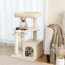 Indoor plush 4-layer cat tree in beige with a private condo, platforms, and scratching posts for playful kittens.