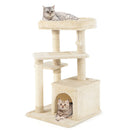 Indoor plush 4-layer cat tree in beige with scratching posts, featuring a private condo and two platforms for playful.