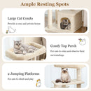 Indoor plush cat tree featuring a cozy condo, two platforms, and a tall perch for playful and resting cats.