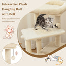 Indoor plush 4-layer cat tree in beige with scratching posts, private condo, and dangling ball for playful interaction.