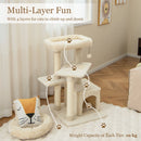 Indoor plush 4-layer cat tree in beige with condo, platforms, and scratching posts for playful kittens.