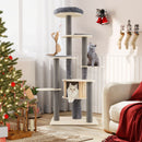 Multi-level grey cat tree with comfy top perch, cozy condo, and detachable mats, perfect for small apartments.