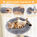 Wide comfy top perch with soft sponge cushions on a grey multi-level cat tree, perfect for lounging and observing.