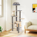 Multi-level grey cat tree with comfy padded top perch, ideal for small apartments and encouraging climbing and lounging.