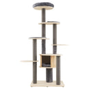 Multi-level cat tree with grey detachable mats, cozy condo, and wide top perch, perfect for small apartments.