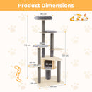 Multi-level cat tree with dimensions, featuring a comfy padded top perch and detachable mats in grey for small.