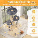 Multi-level cat tree with comfy padded top perch and detachable mats, ideal for small apartments and cozy lounging.