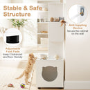 Modern cat litter box enclosure in white with geometric shelves, adjustable foot pads, and anti-tipping device for stability.