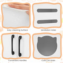 Modern cat litter box enclosure in white with ventilation holes, convenient handles, and geometric open shelves for storage.