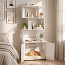 White cat litter box enclosure with a spacious top surface and geometric open shelves for decorative and practical storage.