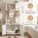 Stylish white cat litter box enclosure features an enclosed cabinet and three open geometric shelves for versatile storage.