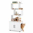White cat litter box enclosure featuring a spacious cabinet and three open shelves for organized pet supplies and decor.