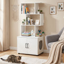 Modern cat litter box enclosure in white with geometric shelves and enclosed cabinet for stylish pet care storage.