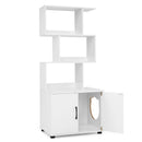 Modern cat litter box enclosure in white with geometric open shelves, providing stylish storage and a private space for cats.