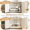Modern cat litter box enclosure in white with geometric open shelves for stylish storage and private cat space.