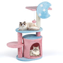 Cat tree with cozy condo and sisal scratching post, featuring pastel colors and playful moon design for feline fun.