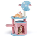 Aesthetic 85 cm cat tree in pastel pink and blue with sisal scratching post, cozy condo, and playful hanging ball.