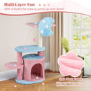 Multi-level 85 cm cat tree in pastel colors with plush fabric, sisal scratching post, and cozy condo for playful cats.