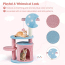 Cute 85 cm cat tree in pink and sky blue with sisal scratching post, condo, and playful moon and star accents.