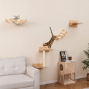 Wall-mounted cat shelves set of 4 with hammock and 2-step cat tree, designed for climbing and resting in natural wood.