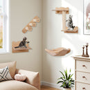 Wall-mounted cat shelves set of 4 in natural wood, featuring a hammock, platforms, and sisal stairs for climbing and.