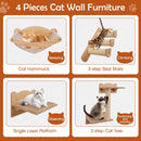 Cat wall furniture set featuring a hammock, 2-tier cat tree, and sisal stairs for climbing and resting in natural wood.