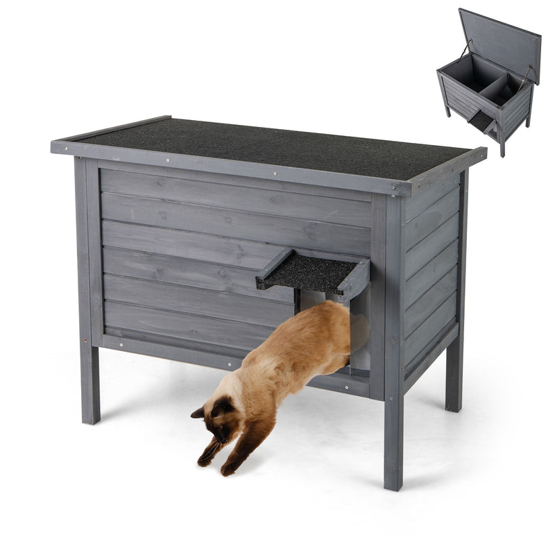 Insulated Fir Wood Cat House with Lift-Up Roof and Divider