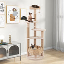 Multi-level 164cm beige cat tower with jute scratching posts, cozy perch, and hand-woven cattail basket for playful.
