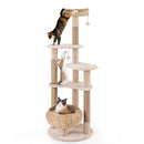 Multi-level 164cm beige cat tower with jute scratching posts, cozy perch, and basket bed for playful kittens.