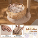 Cozy cat basket bed with soft padded cushions on a 164cm cat tower, made of hand-woven natural cattail for comfort.