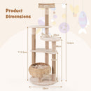 Dimensions of the 164cm beige cattail cat tower with jute scratching posts, showcasing its multi-level design and cozy.