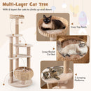Cozy top perch of the 164cm beige cat tree with hand-woven cattail material, perfect for climbing and relaxing.