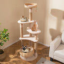 Multi-level 164cm beige cat tower with jute scratching posts and cozy beds, perfect for playful kittens.