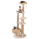 Multi-level 164cm beige cat tower with jute scratching posts, featuring cozy basket beds and playful hanging balls.
