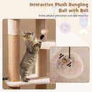 Interactive plush dangling ball with bell on the 164cm beige cat tower, designed for playful kitten engagement.