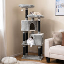 Large multi-level cat tree in grey with plush perches and condos, perfect for lounging and playful interaction.
