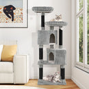Large multi-level cat tree in grey with soft flannel covering, featuring two perches and two condos for playful.