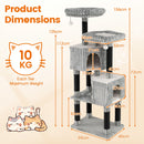Multi-level grey cat tree with ribbed flannel, two perches, and condos for playful lounging and scratching.