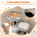 Two elevated perches with soft padding on a large cat tree, perfect for lounging and observing surroundings.