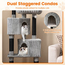 Multi-level cat tree with dual staggered condos, soft flannel covering, and 3 entrances for playful interaction.