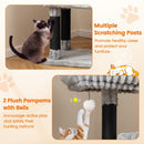 Large multi-level cat tree with plush pompoms, scratching posts, and soft flannel covering for cozy feline play.