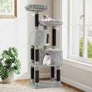Side view of the large multi-level cat tree in grey, showcasing two condos with multiple entrances for active feline.