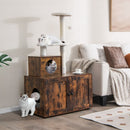 Multi-level 2-in-1 cat tree in brown with litter box enclosure, scratching posts, and cozy condo for playful cats.