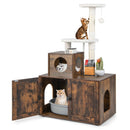 Multi-level 2-in-1 cat tree with litter box enclosure, scratching posts, and cozy condo for indoor cats in brown.