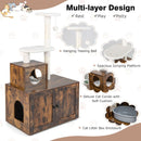 Multi-layer cat tree with litter box enclosure, scratching posts, and spacious platforms for play and rest in brown.